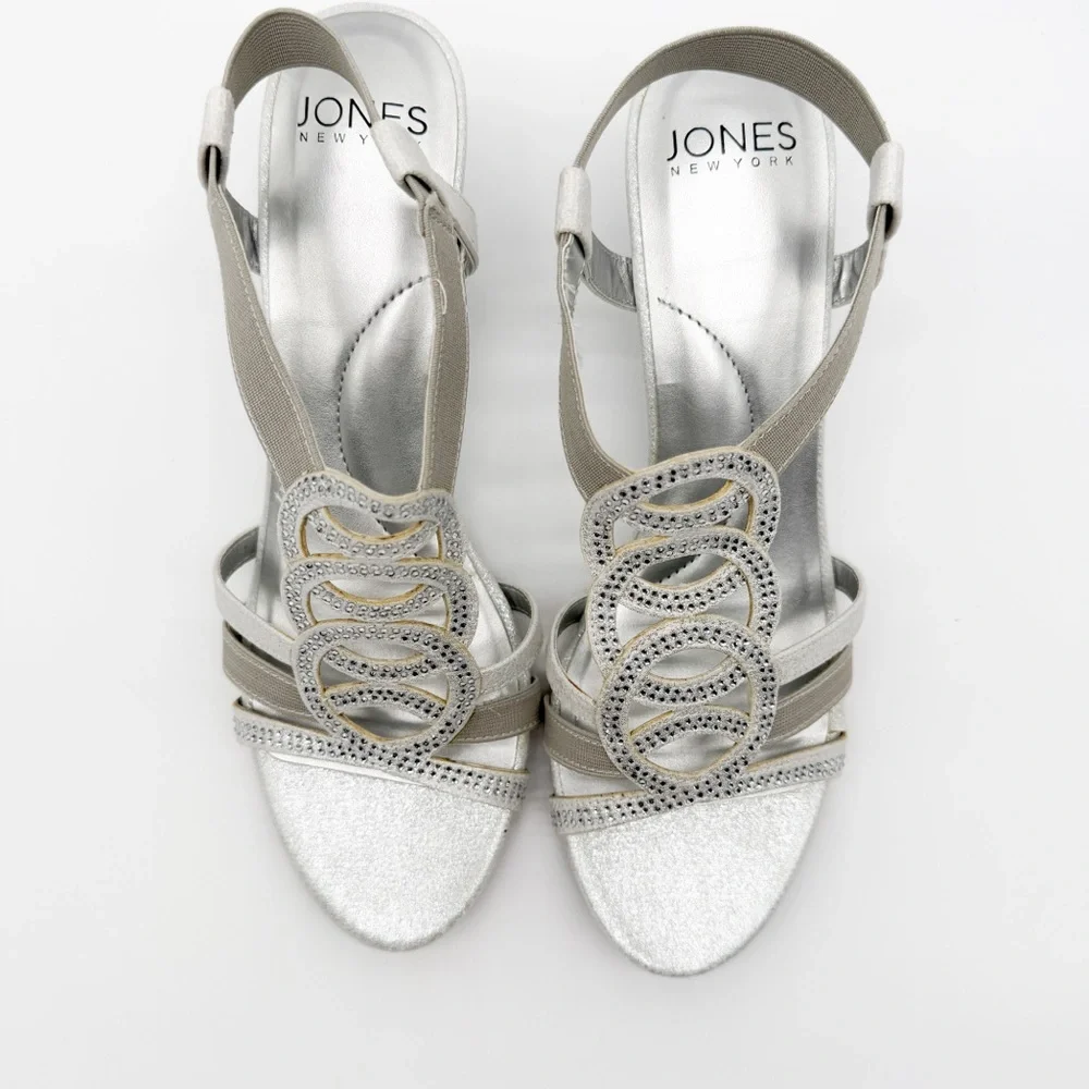 Jones New York Denice Strappy Bling Wedge Sandals Elastic Ankle Silver 7.5 NEW